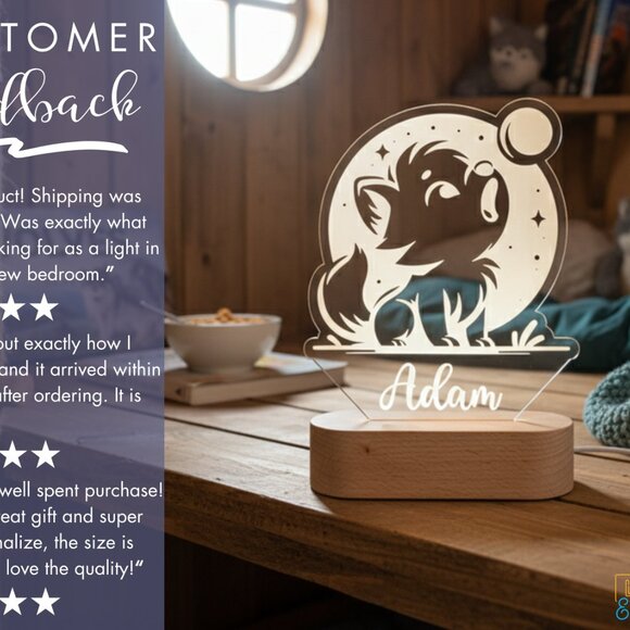 Personalized Wolf Night Light – Custom LED Baby Wolf Shower Gift - Picture 7 of 8
